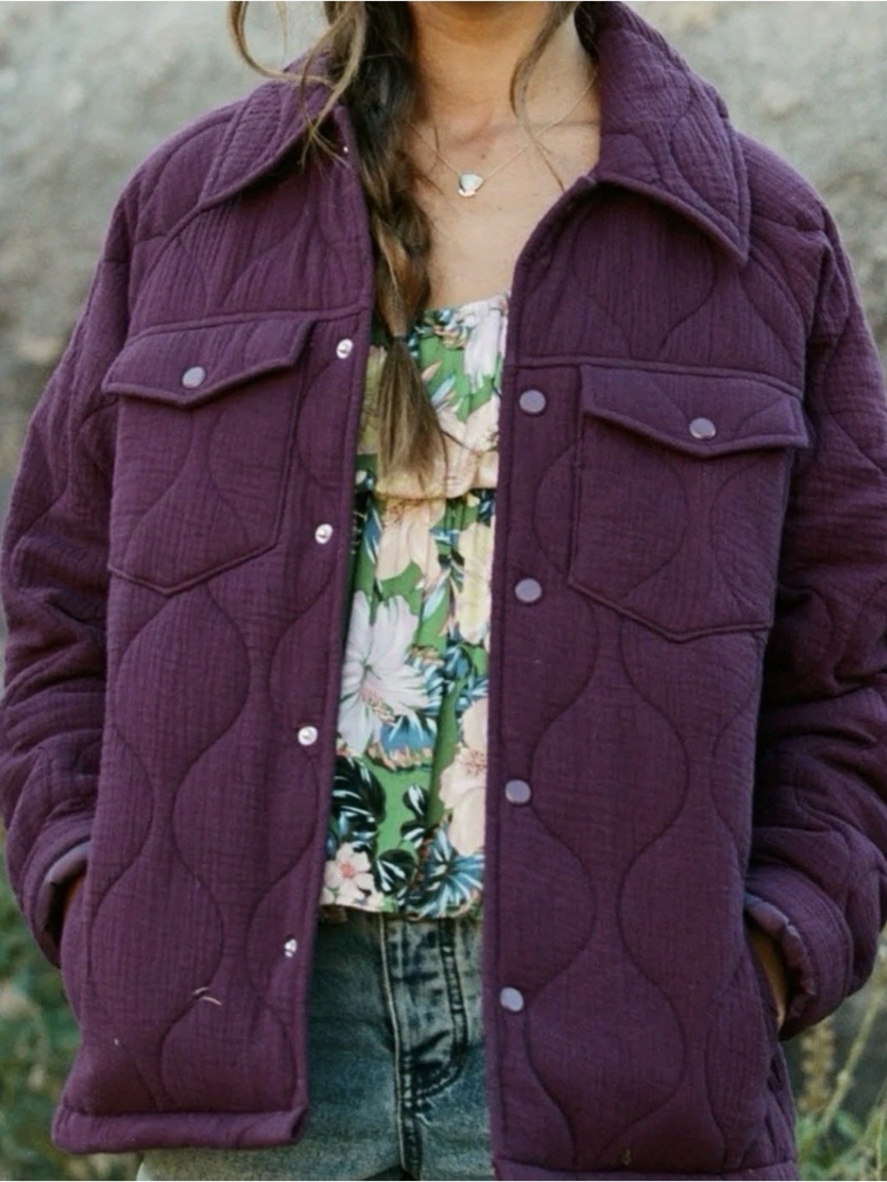 O'Neill Emet Quilted Jacket Plum Purple Button Front Shacket Womens Size S